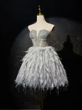 Ndyad Sweetheart Neck Tulle Beads Feather Short Prom Dress, Cute Gray Homecoming Dress HZ1024