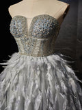Ndyad Sweetheart Neck Tulle Beads Feather Short Prom Dress, Cute Gray Homecoming Dress HZ1024