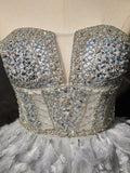 Ndyad Sweetheart Neck Tulle Beads Feather Short Prom Dress, Cute Gray Homecoming Dress HZ1024