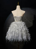 Ndyad Sweetheart Neck Tulle Beads Feather Short Prom Dress, Cute Gray Homecoming Dress HZ1024
