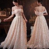 Ndyad Off Shoulder Lace Tulle Long Prom Dress, Pink Long Formal Dress HZ1024