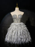Ndyad Sweetheart Neck Tulle Beads Feather Short Prom Dress, Cute Gray Homecoming Dress HZ1024