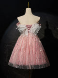 Ndyad A-Line Tulle Lace Short Prom Dress, Pink Cocktail Dress HZ1024