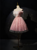 Ndyad A-Line Tulle Lace Short Prom Dress, Pink Cocktail Dress HZ1024