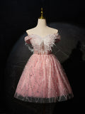 Ndyad A-Line Tulle Lace Short Prom Dress, Pink Cocktail Dress HZ1024