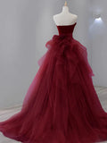 Ndyad Tulle Velvet Burgundy Long Prom Dress, Burgundy Long Evening Dress HZ1024