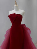 Ndyad Tulle Velvet Burgundy Long Prom Dress, Burgundy Long Evening Dress HZ1024