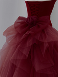 Ndyad Tulle Velvet Burgundy Long Prom Dress, Burgundy Long Evening Dress HZ1024