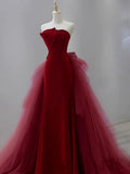Ndyad Tulle Velvet Burgundy Long Prom Dress, Burgundy Long Evening Dress HZ1024