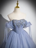 Ndyad A-Line Tulle Beads Long Prom Dress, Blue Long Formal Dress HZ1024