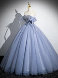 Ndyad A-Line Tulle Beads Long Prom Dress, Blue Long Formal Dress HZ1024