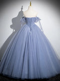 Ndyad A-Line Tulle Beads Long Prom Dress, Blue Long Formal Dress HZ1024
