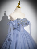 Ndyad A-Line Tulle Beads Long Prom Dress, Blue Long Formal Dress HZ1024