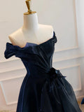 Ndyad Off Shoulder Organza Dark Blue Long Prom Dress, Dark Blue Long Formal Dress HZ1024