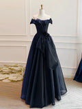 Ndyad Off Shoulder Organza Dark Blue Long Prom Dress, Dark Blue Long Formal Dress HZ1024