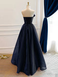 Ndyad Off Shoulder Organza Dark Blue Long Prom Dress, Dark Blue Long Formal Dress HZ1024