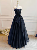 Ndyad Off Shoulder Organza Dark Blue Long Prom Dress, Dark Blue Long Formal Dress HZ1024