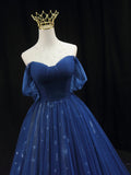 Evafashion Off Shoulder Tulle Lace Dark Blue Long Prom Dress HZ1024
