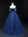 Evafashion Off Shoulder Tulle Lace Dark Blue Long Prom Dress HZ1024