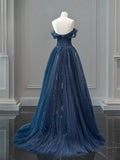 Evafashion Off Shoulder Tulle Lace Dark Blue Long Prom Dress HZ1024