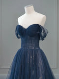 Evafashion Off Shoulder Tulle Lace Dark Blue Long Prom Dress HZ1024