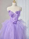 Ndyad Sweetheart Neck Tulle Applique Long Prom Dress, Purple Long Sweet 16 Dress HZ1024
