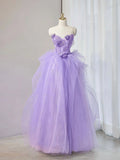 Ndyad Sweetheart Neck Tulle Applique Long Prom Dress, Purple Long Sweet 16 Dress HZ1024