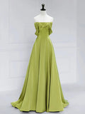 Ndyad Off Shoulder Green Satin Long Prom Dress, Green Long Formal Evening Dress HZ1024