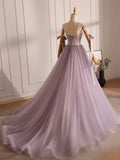 Ndyad V Neck Tulle Beads Purple Long Prom Dress, Purple Long Formal Dress HZ1024