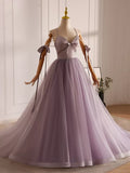 Ndyad V Neck Tulle Beads Purple Long Prom Dress, Purple Long Formal Dress HZ1024