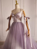 Ndyad V Neck Tulle Beads Purple Long Prom Dress, Purple Long Formal Dress HZ1024