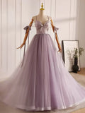 Ndyad V Neck Tulle Beads Purple Long Prom Dress, Purple Long Formal Dress HZ1024