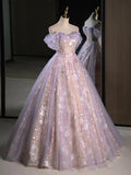 Ndyad Sweetheart Neck Tulle Lace Purple Long Prom Dress, Purple Long Formal Dress HZ1024