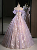 Ndyad Sweetheart Neck Tulle Lace Purple Long Prom Dress, Purple Long Formal Dress HZ1024