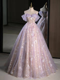 Ndyad Sweetheart Neck Tulle Lace Purple Long Prom Dress, Purple Long Formal Dress HZ1024