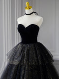 Ndyad Sweetheart Neck Tulle Sequin Black Long Prom Dress, Black Formal Dress HZ1024