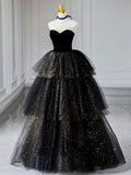 Ndyad Sweetheart Neck Tulle Sequin Black Long Prom Dress, Black Formal Dress HZ1024