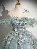 Ndyad Off Shoulder Tulle Lace Green Long Prom Dress, Green Long Formal Dress HZ1024