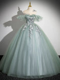 Ndyad Off Shoulder Tulle Lace Green Long Prom Dress, Green Long Formal Dress HZ1024