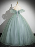 Ndyad Off Shoulder Tulle Lace Green Long Prom Dress, Green Long Formal Dress HZ1024
