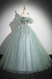 Ndyad Off Shoulder Tulle Lace Green Long Prom Dress, Green Long Formal Dress HZ1024