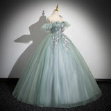 Ndyad Off Shoulder Tulle Lace Green Long Prom Dress, Green Long Formal Dress HZ1024