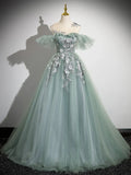 Ndyad Off Shoulder Tulle Lace Green Long Prom Dress, Green Long Formal Dress HZ1024