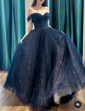 Evafashion Off Shoulder Tulle Lace Dark Blue Long Prom Dress HZ1024