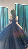Evafashion Off Shoulder Tulle Lace Dark Blue Long Prom Dress HZ1024