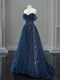 Evafashion Off Shoulder Tulle Lace Dark Blue Long Prom Dress HZ1024