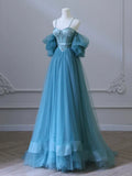 Ndyad Sweetheart Neck Tulle Blue Long Prom Dress, Blue Long Formal Dress HZ1024