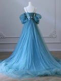 Ndyad Sweetheart Neck Tulle Blue Long Prom Dress, Blue Long Formal Dress HZ1024