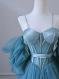 Ndyad Sweetheart Neck Tulle Blue Long Prom Dress, Blue Long Formal Dress HZ1024