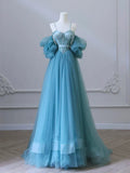 Ndyad Sweetheart Neck Tulle Blue Long Prom Dress, Blue Long Formal Dress HZ1024
